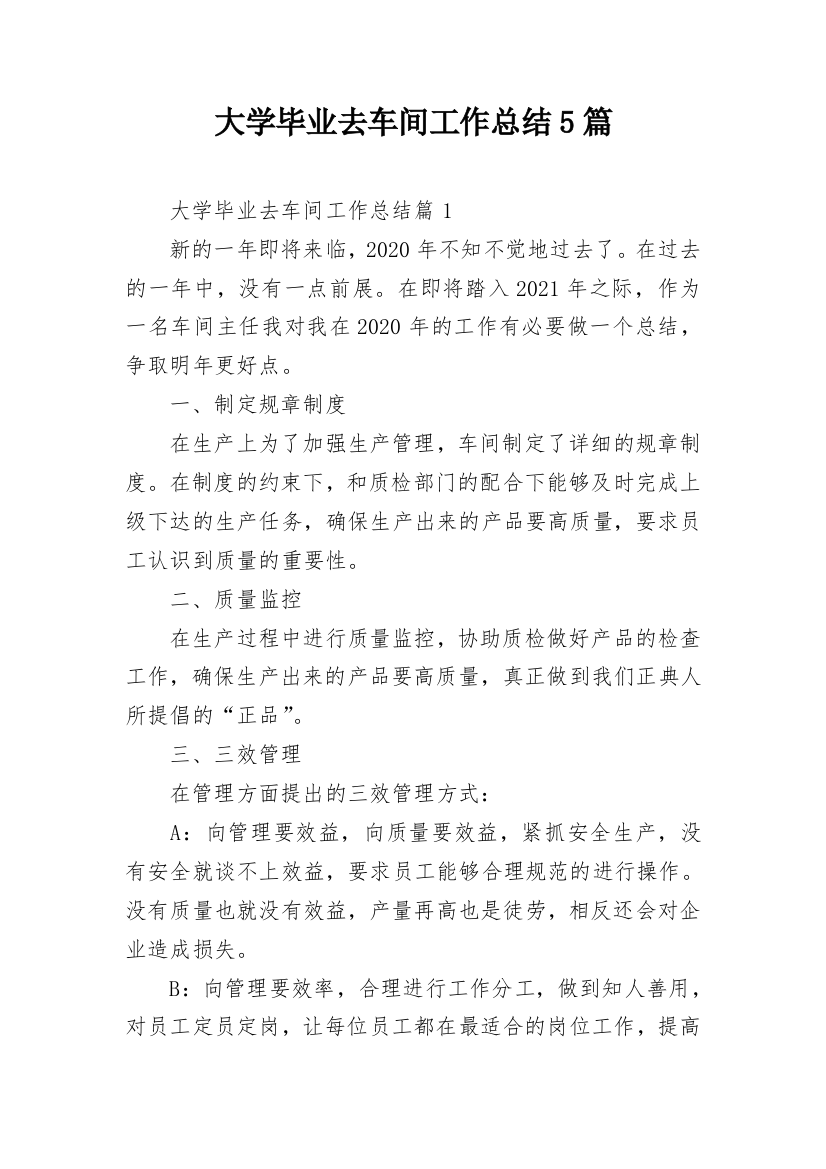 大学毕业去车间工作总结5篇