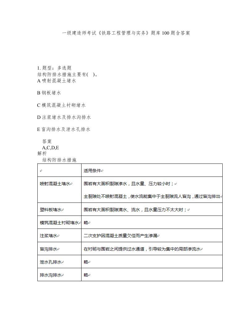 一级建造师考试铁路工程管理与实务题库100题含答案第775版