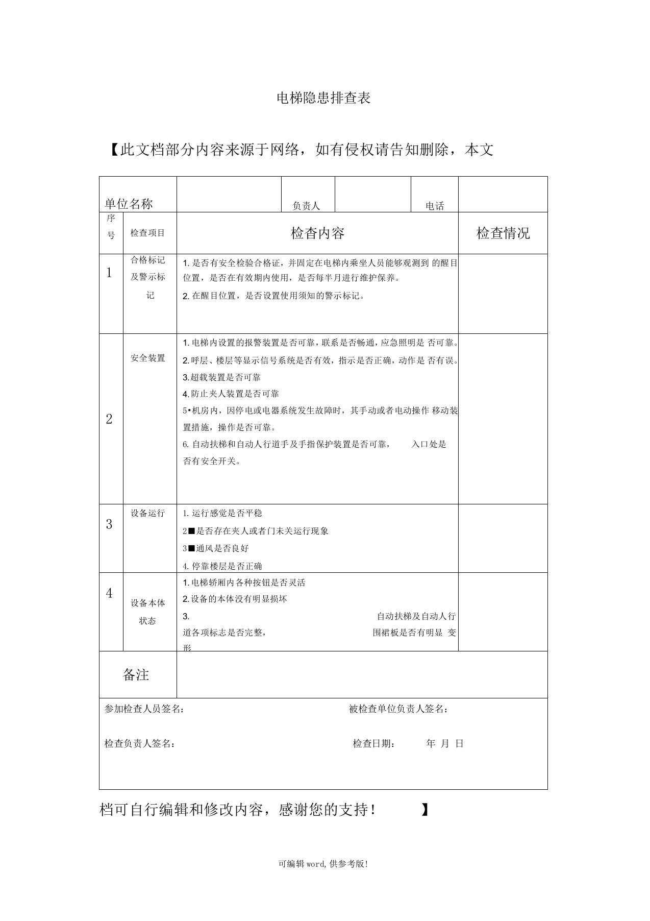 电梯隐患排查表