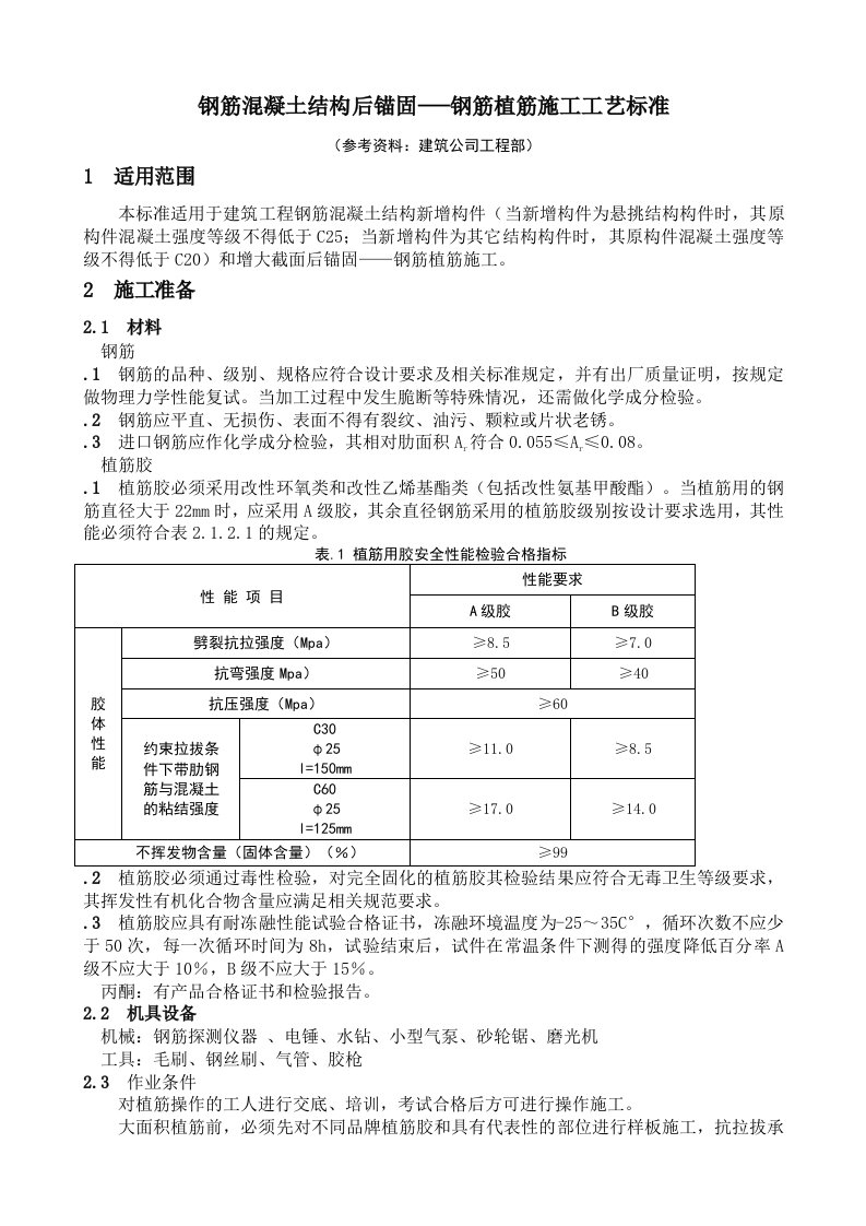 钢筋植筋施工工艺标准