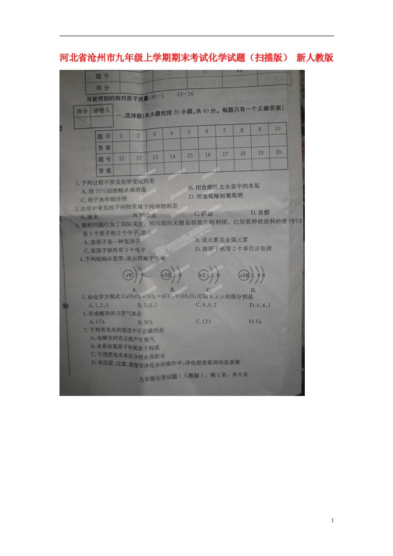 河北省沧州市九级化学上学期期末考试试题（扫描版）