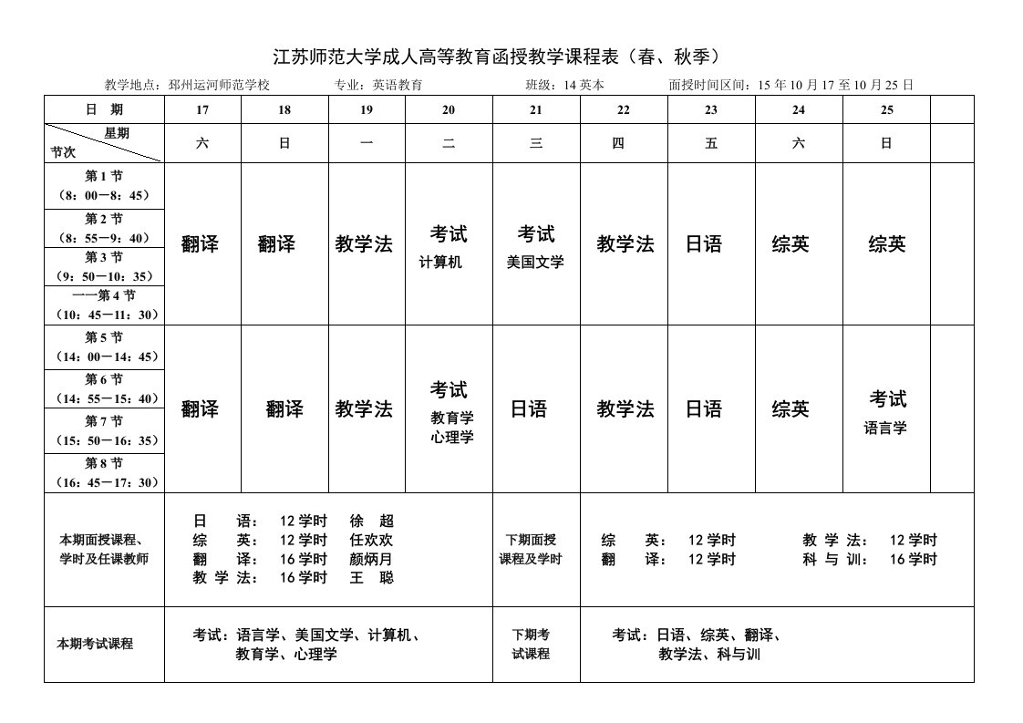 江苏师范大学成人高等教育函授教学课程表(春、秋季)