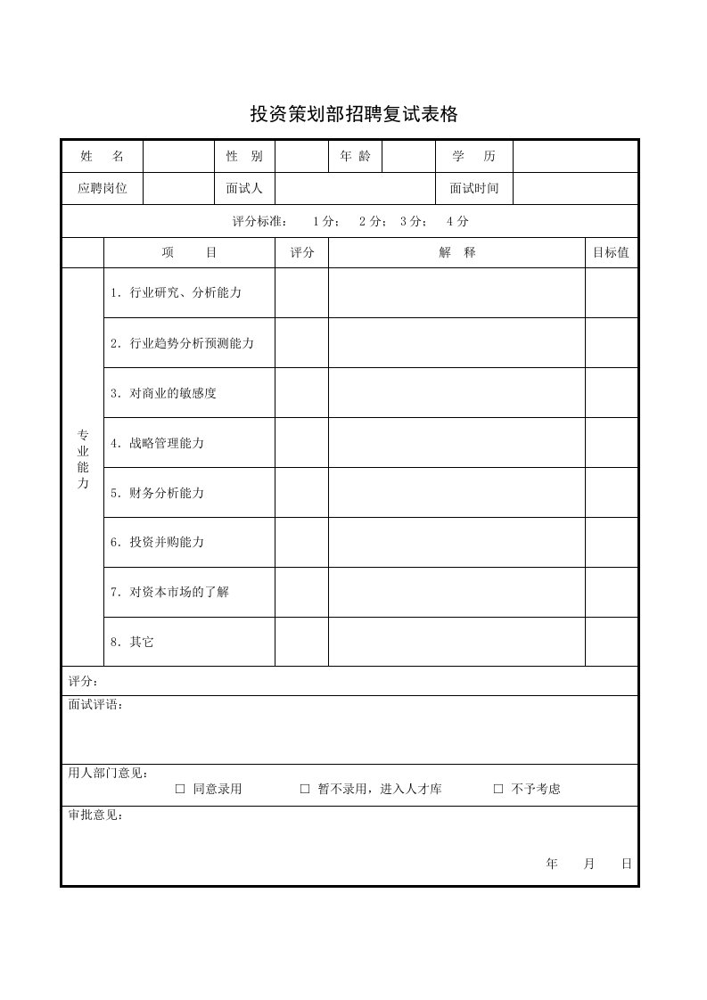 招聘面试-投资策划部招聘复试表格