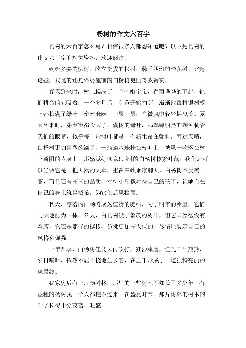 杨树的作文六百字