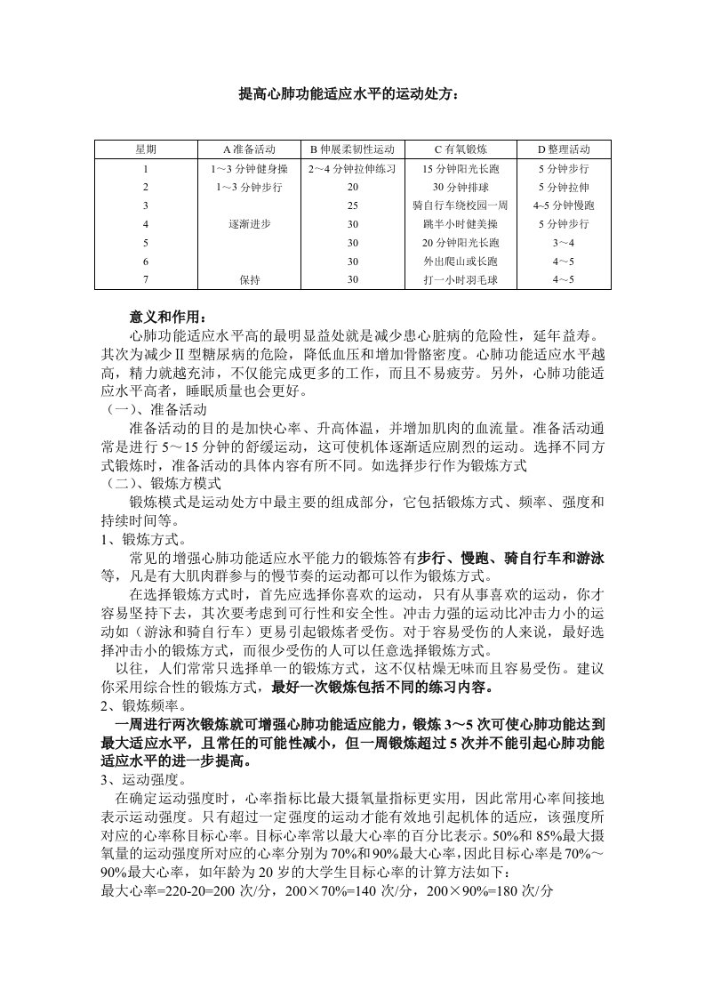 我的提高心肺功能适应水平的运动处方.doc