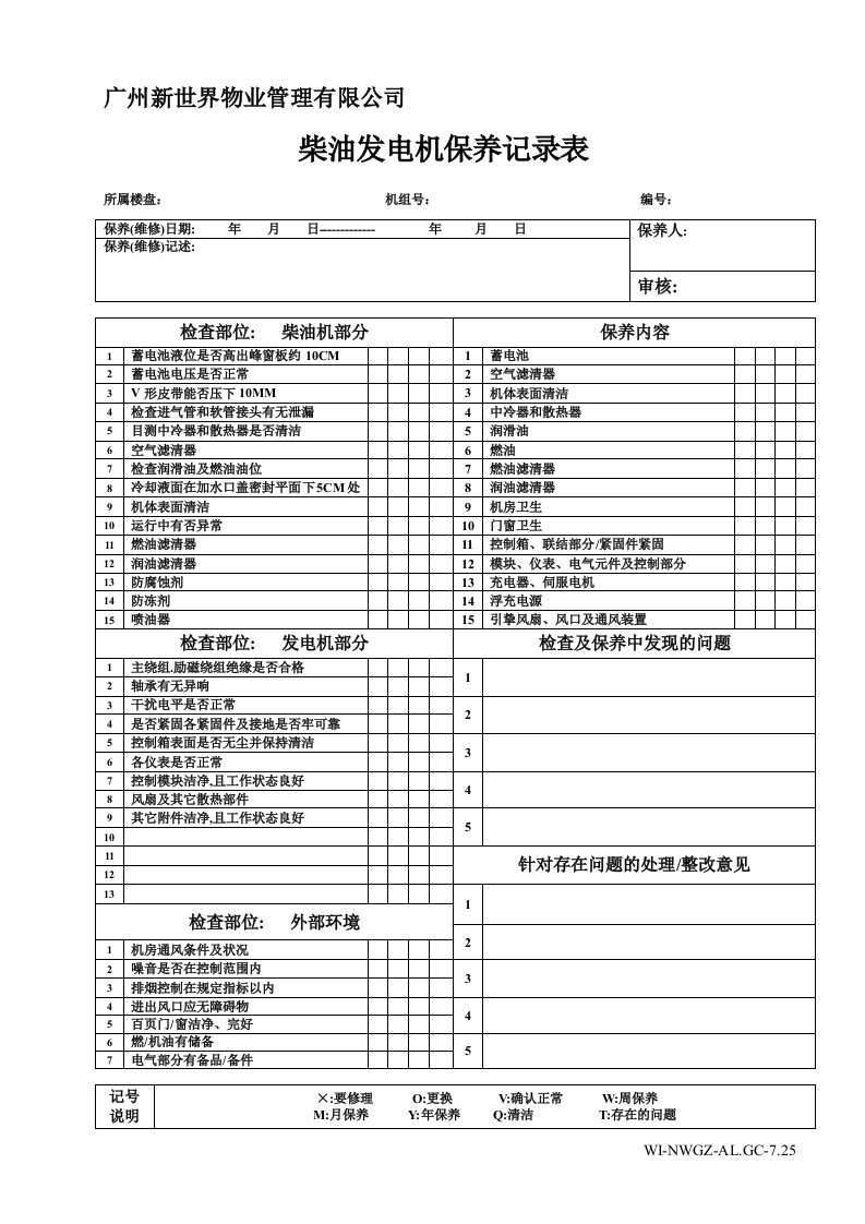 物业管理公司柴油发电机保养记录表WI-NWGZ-ALG