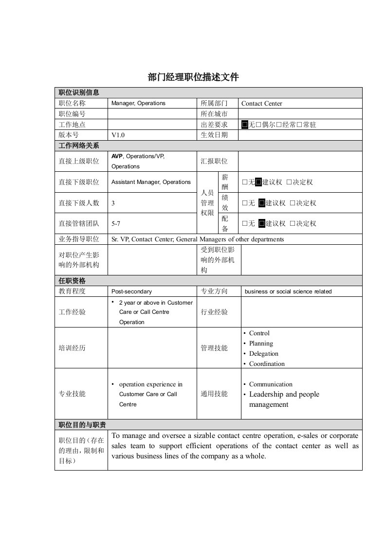 部门经理岗位说明书