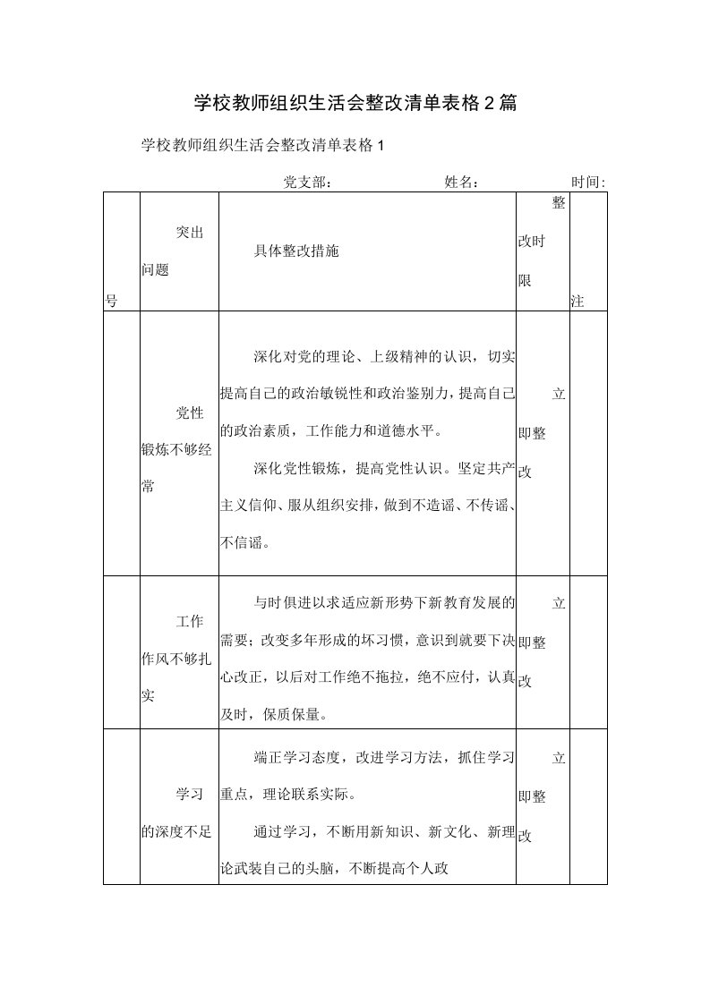 组织生活会整改清单表格2篇