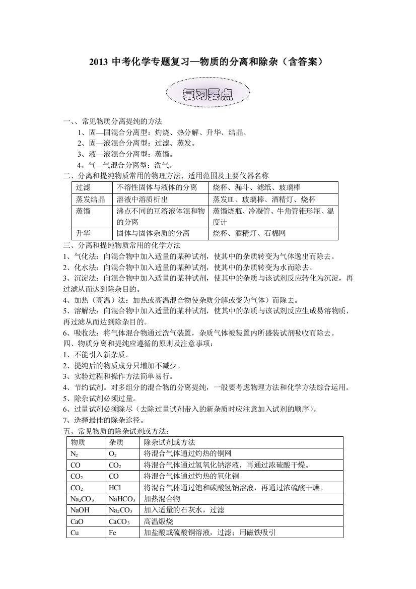 2013中考化学专题复习—物质的分离和除杂含答案