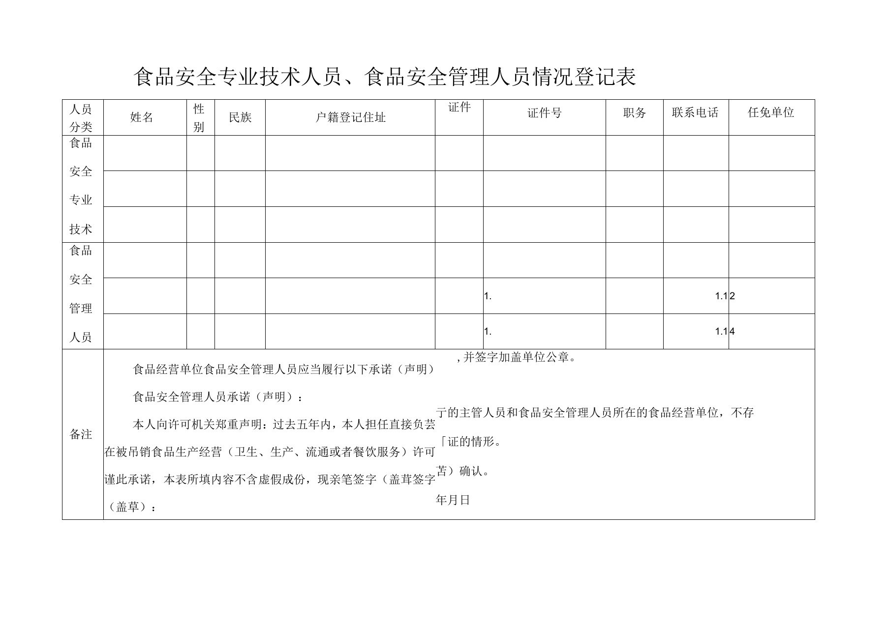 食品安全专业技术人员、食品安全管理人员情况登记表