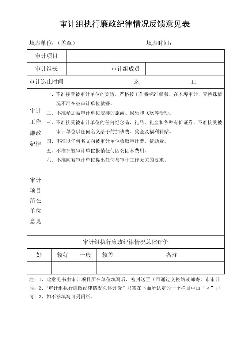 审计组执行廉政纪律情况反馈意见表