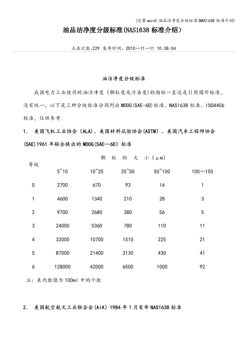 油品洁净度分级标准(NAS1638标准介绍)