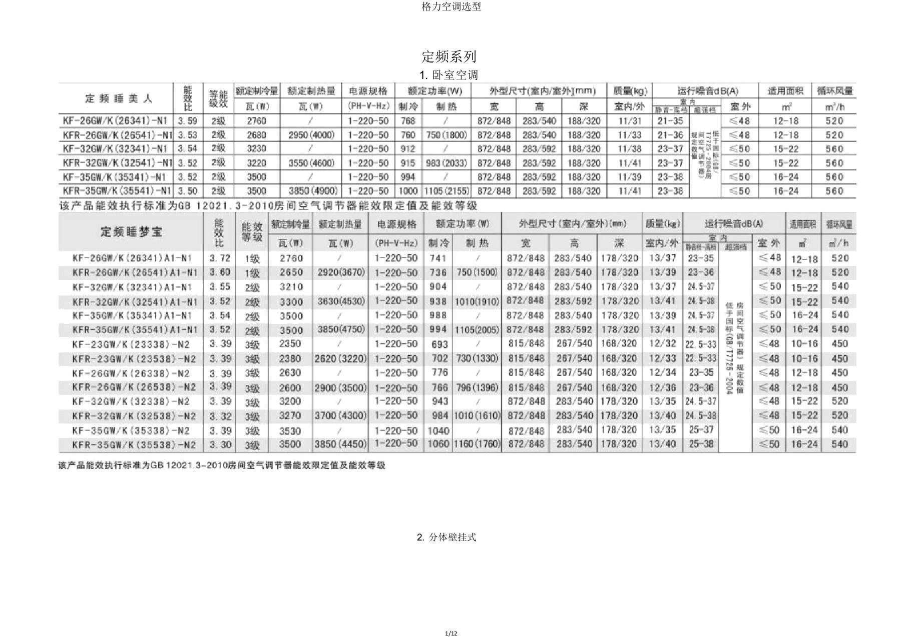 格力空调选型