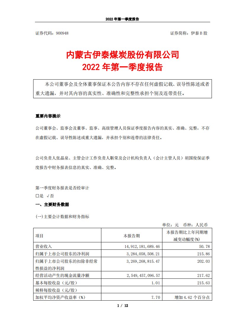 上交所-内蒙古伊泰煤炭股份有限公司2022年第一季度报告-20220427