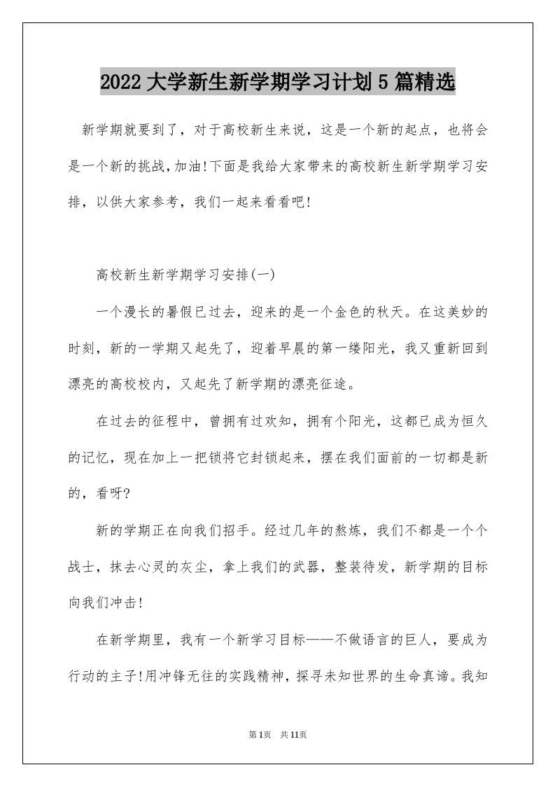 2022大学新生新学期学习计划5篇精选