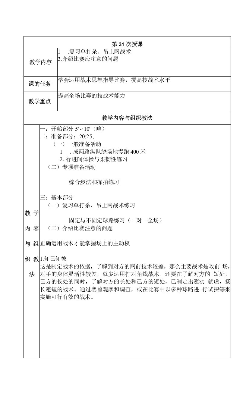 大学羽毛球教学介绍比赛应注意的问题教案