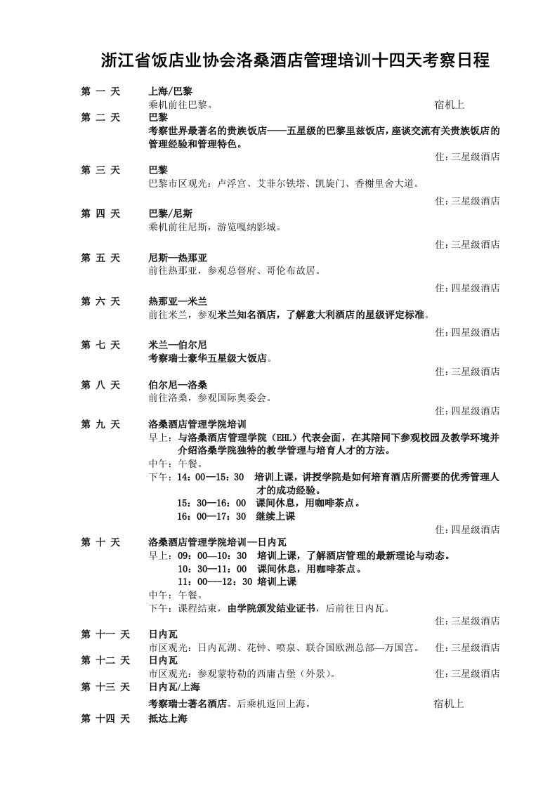 餐饮管理-浙江省饭店业协会洛桑酒店管理培训十四天考察日程