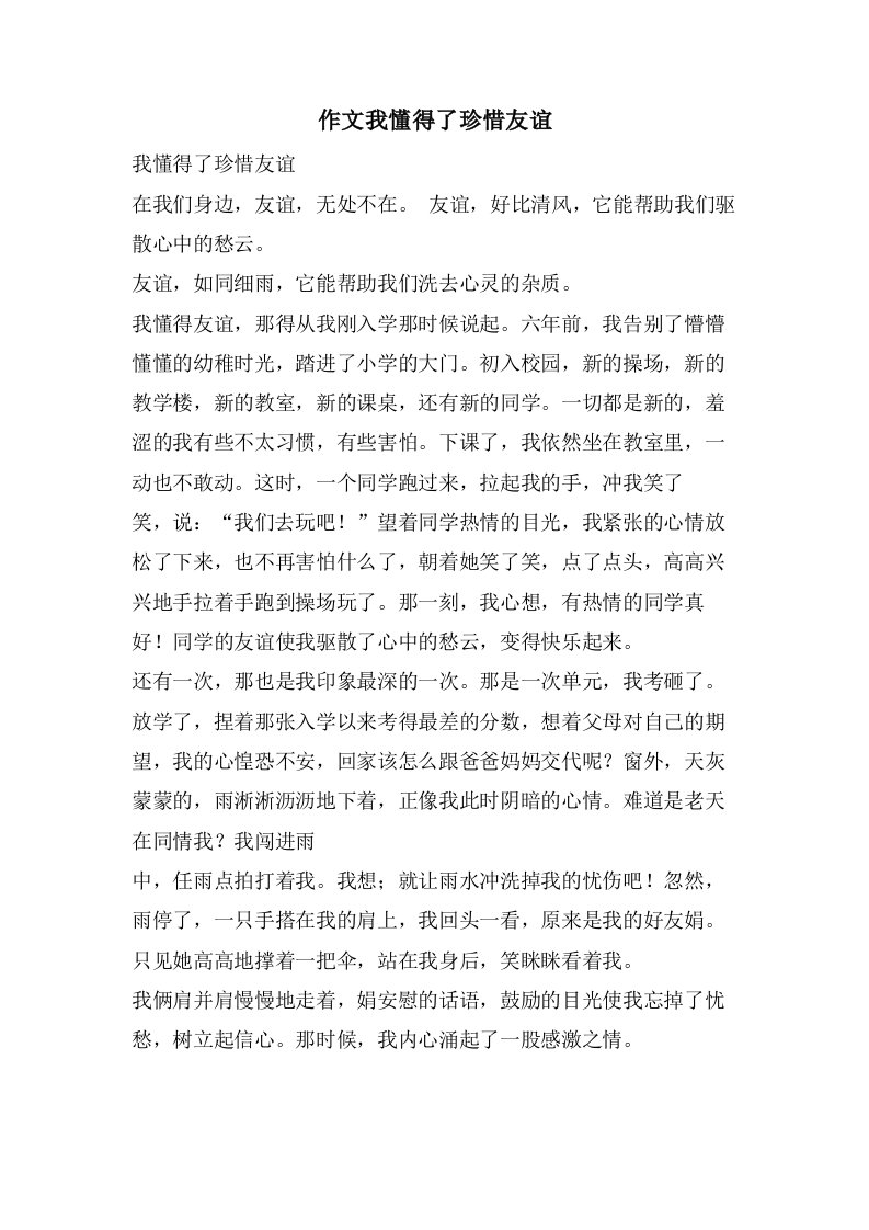 作文我懂得了珍惜友谊