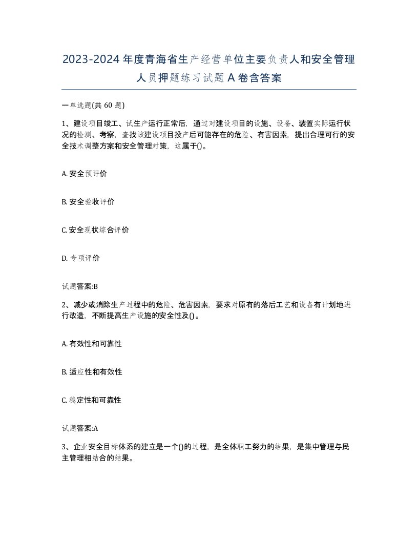 20232024年度青海省生产经营单位主要负责人和安全管理人员押题练习试题A卷含答案