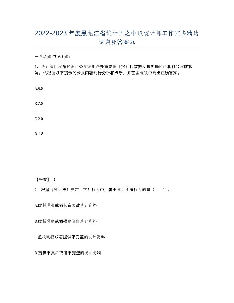 2022-2023年度黑龙江省统计师之中级统计师工作实务试题及答案九