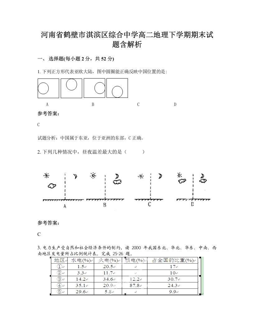 河南省鹤壁市淇滨区综合中学高二地理下学期期末试题含解析