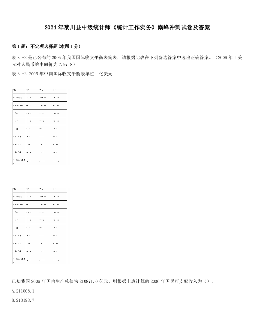 2024年黎川县中级统计师《统计工作实务》巅峰冲刺试卷及答案