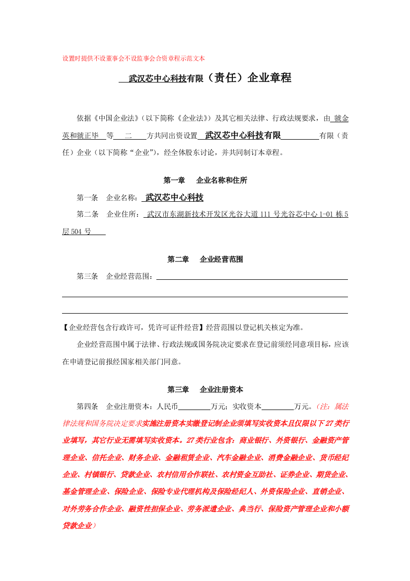 不设董事会不设监事会合资有限公司新版章程