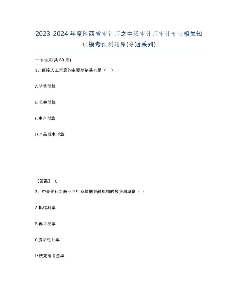 2023-2024年度陕西省审计师之中级审计师审计专业相关知识模考预测题库夺冠系列