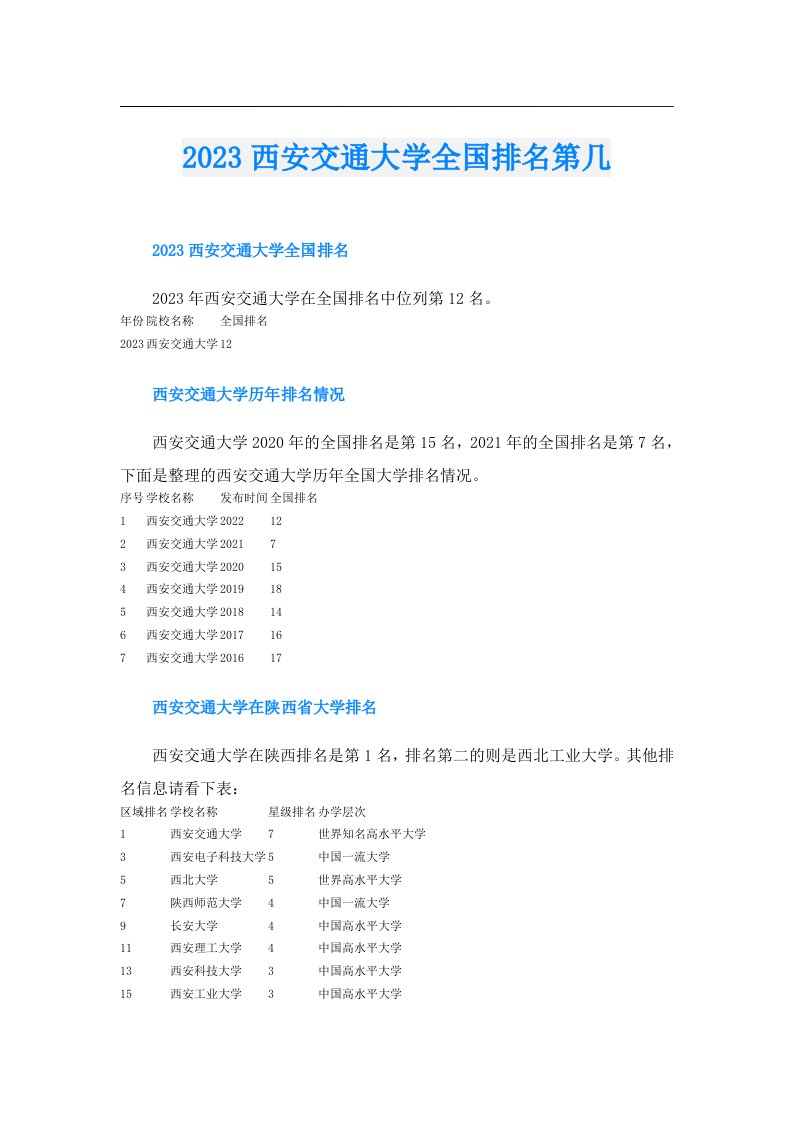 西安交通大学全国排名第几