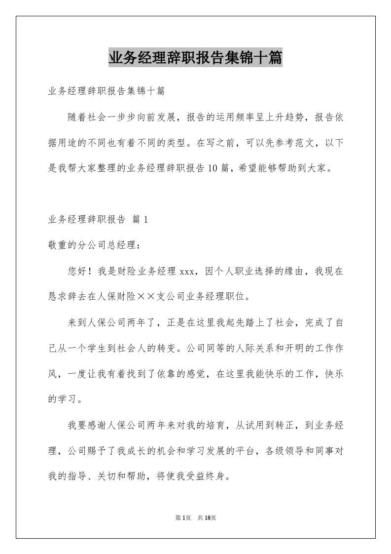 业务经理辞职报告集锦十篇