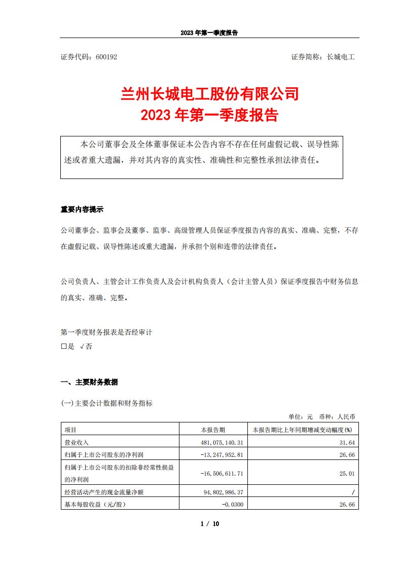 上交所-长城电工2023年第一季度报告-20230428