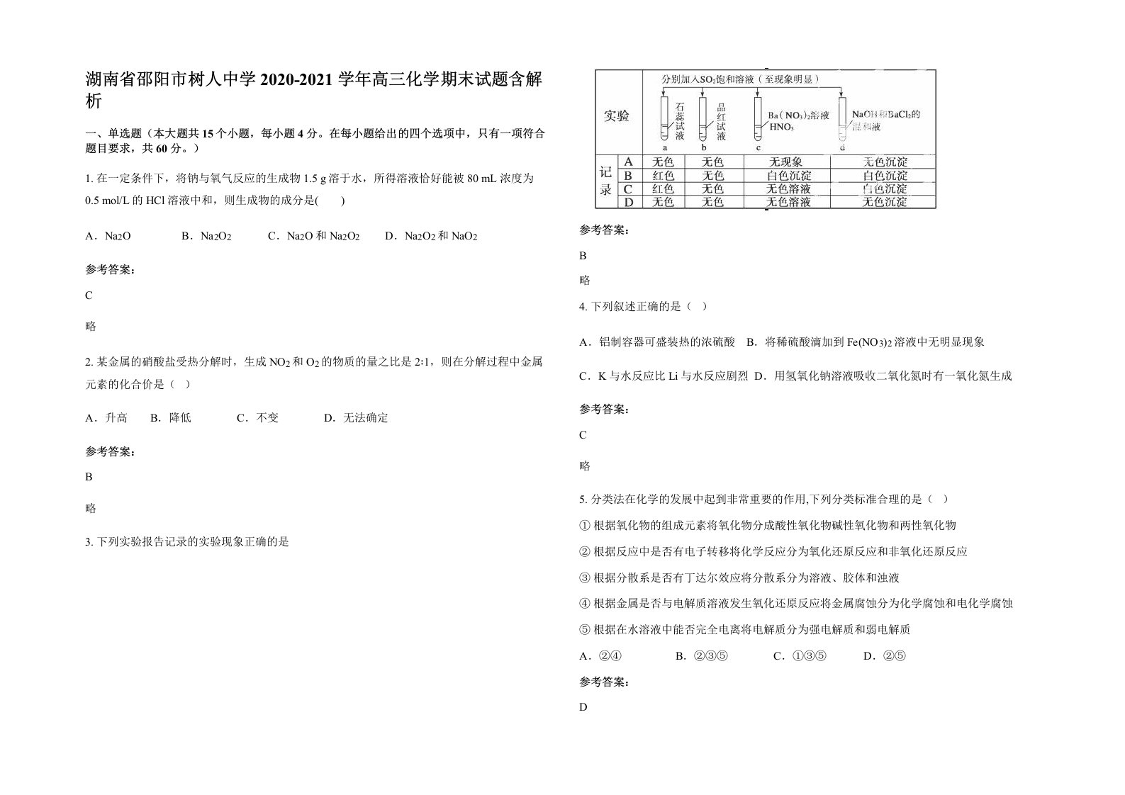 湖南省邵阳市树人中学2020-2021学年高三化学期末试题含解析