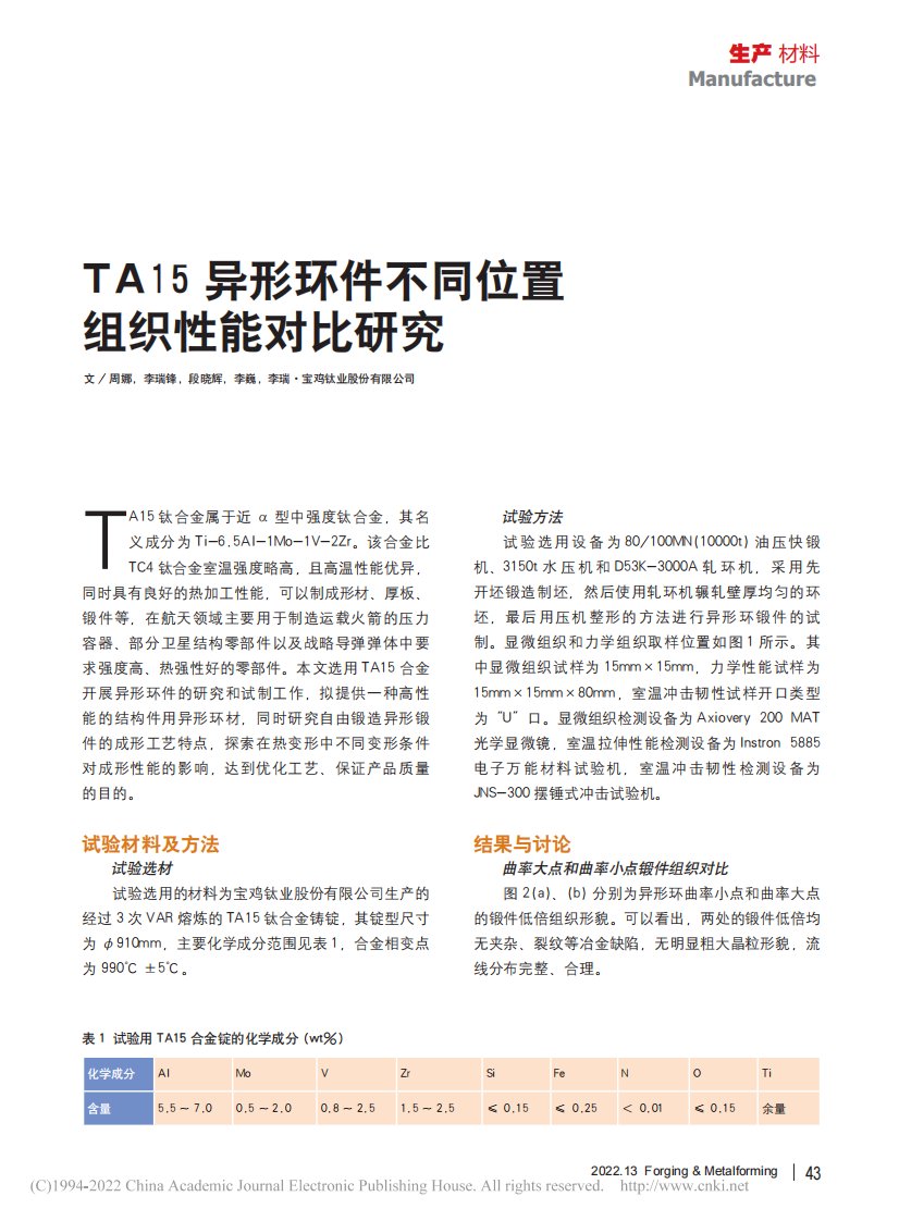 TA15异形环件不同位置组织性能对比研究