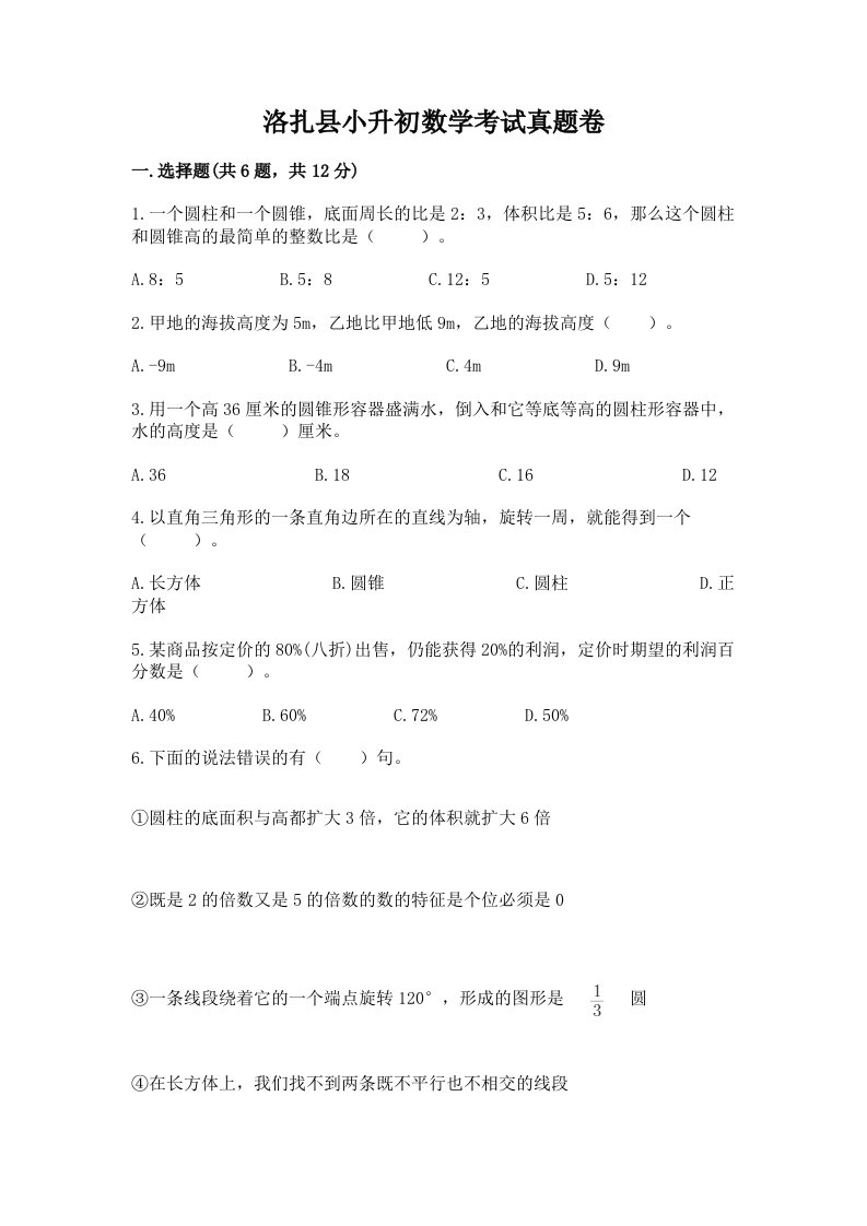 洛扎县小升初数学考试真题卷汇编