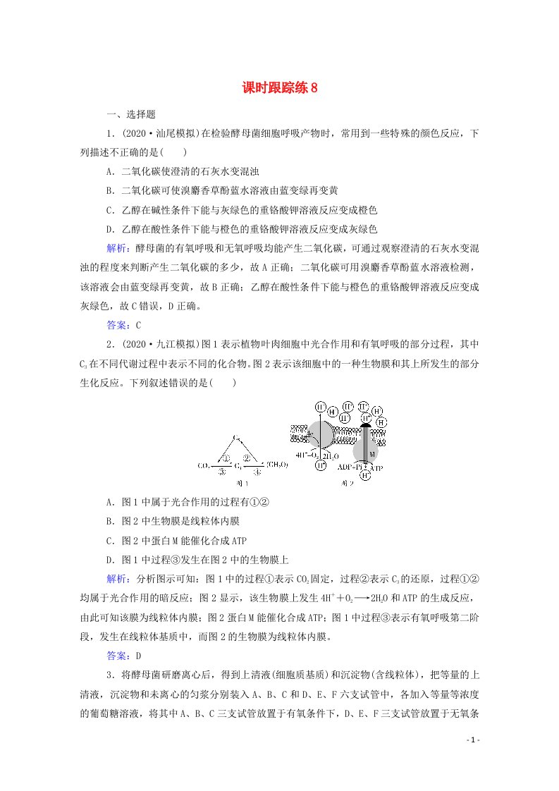 2022届新教材高考生物一轮复习第三单元细胞的能量供应和利用第8讲ATP与细胞呼吸课时跟踪练含解析