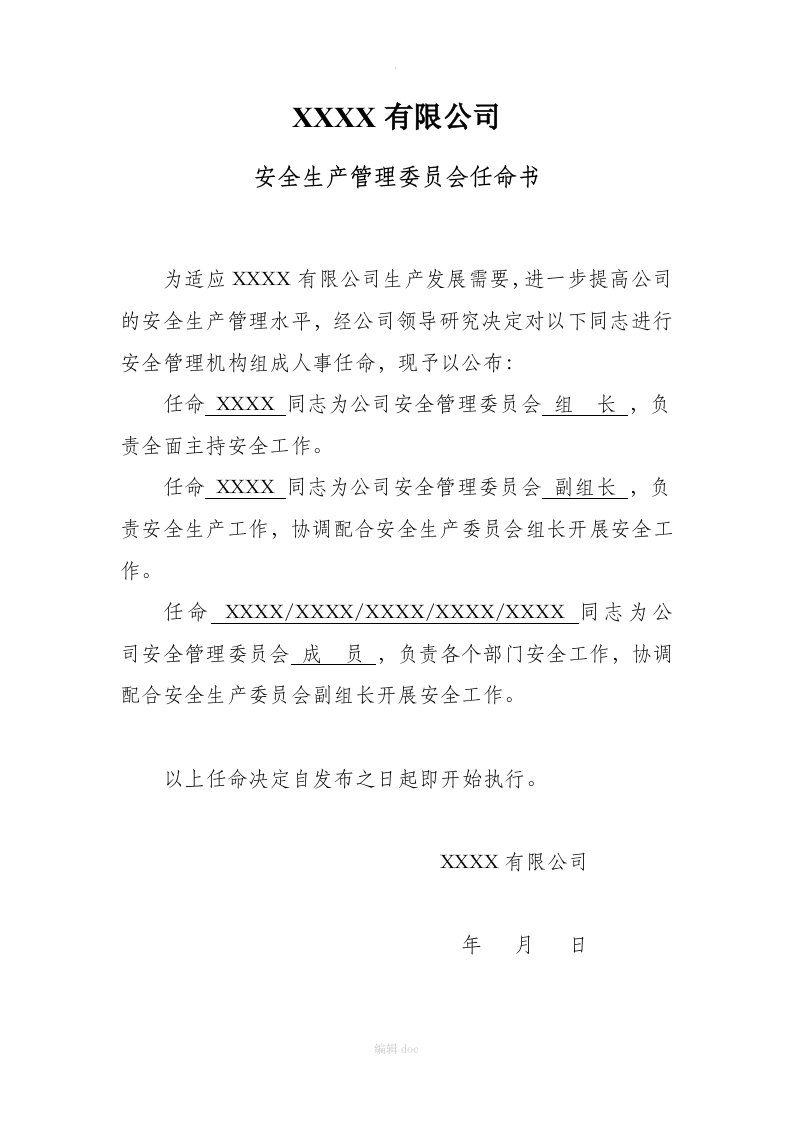 安全管理委员会任命书