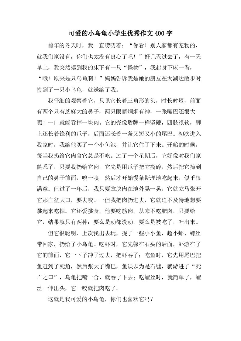 可爱的小乌龟小学生优秀作文400字