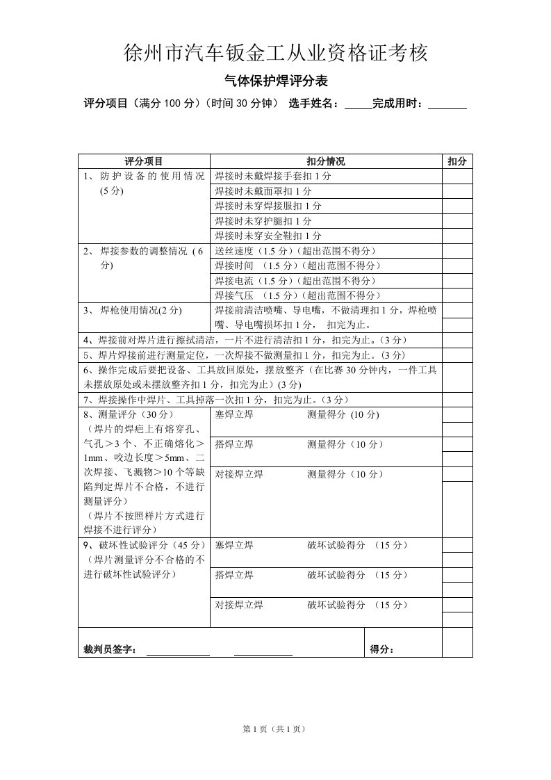 16气体保护焊评分表