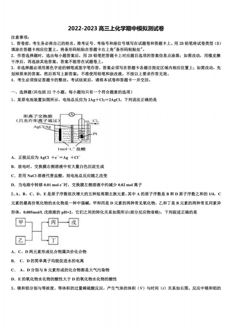 河南省鹤壁市2022-2023学年化学高三上期中达标检测试题（含解析）