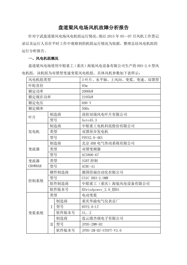 盘道梁风电场风机故障的分析报告