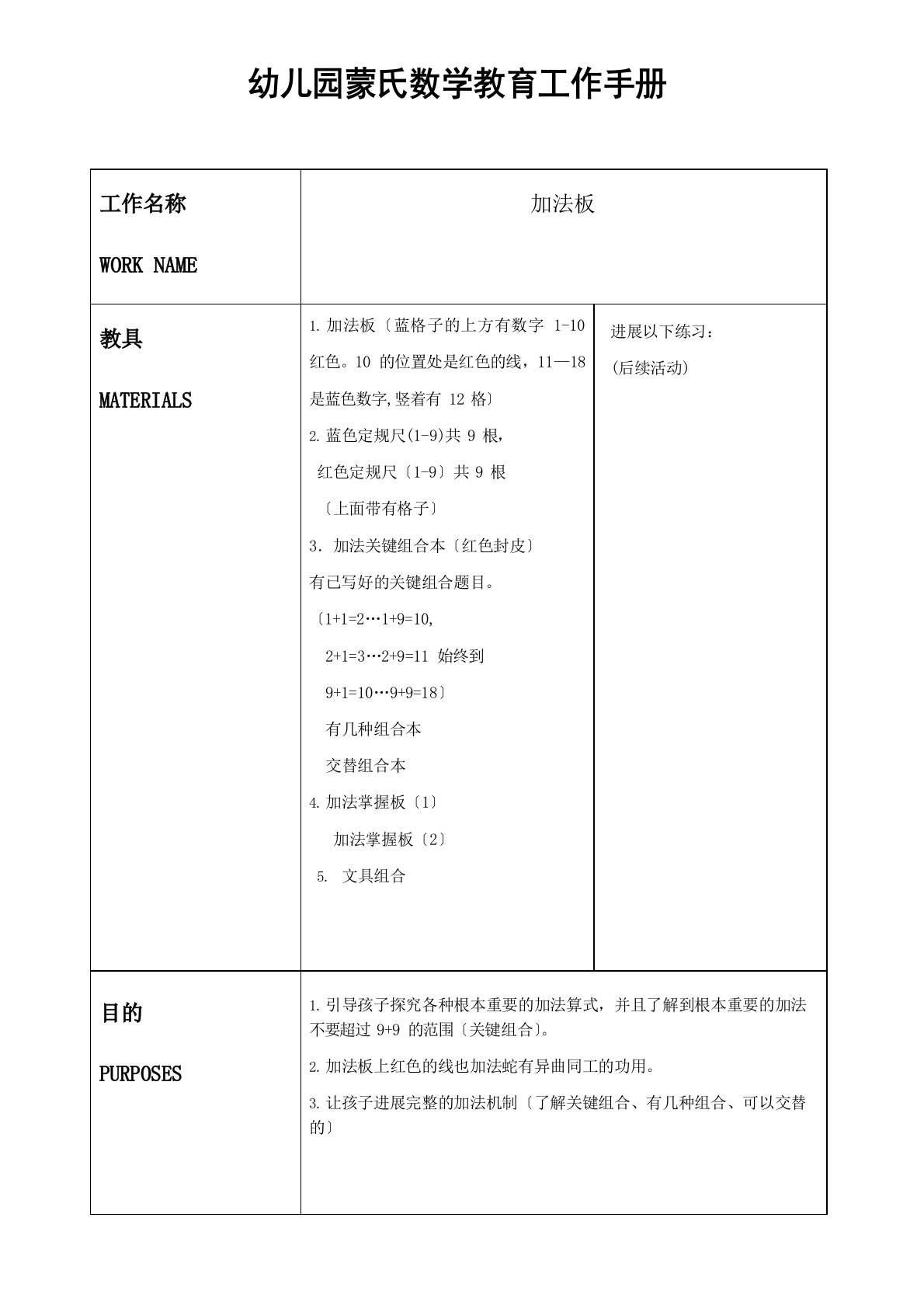 幼儿园蒙氏数学教育工作手册——加法板