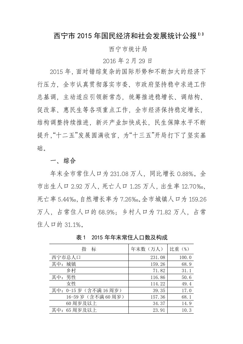 西宁2015年国民经济和社会发展统计公报【1】