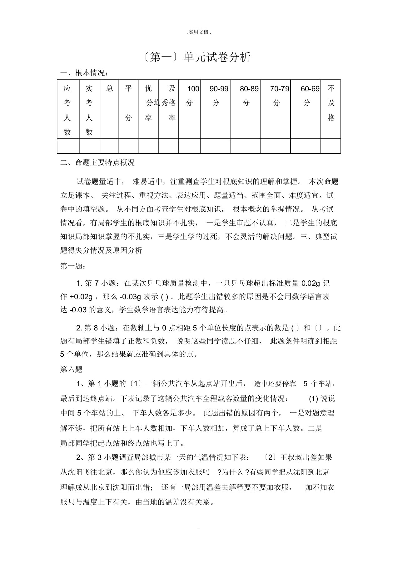 小学数学六年级下册第一单元试卷分析