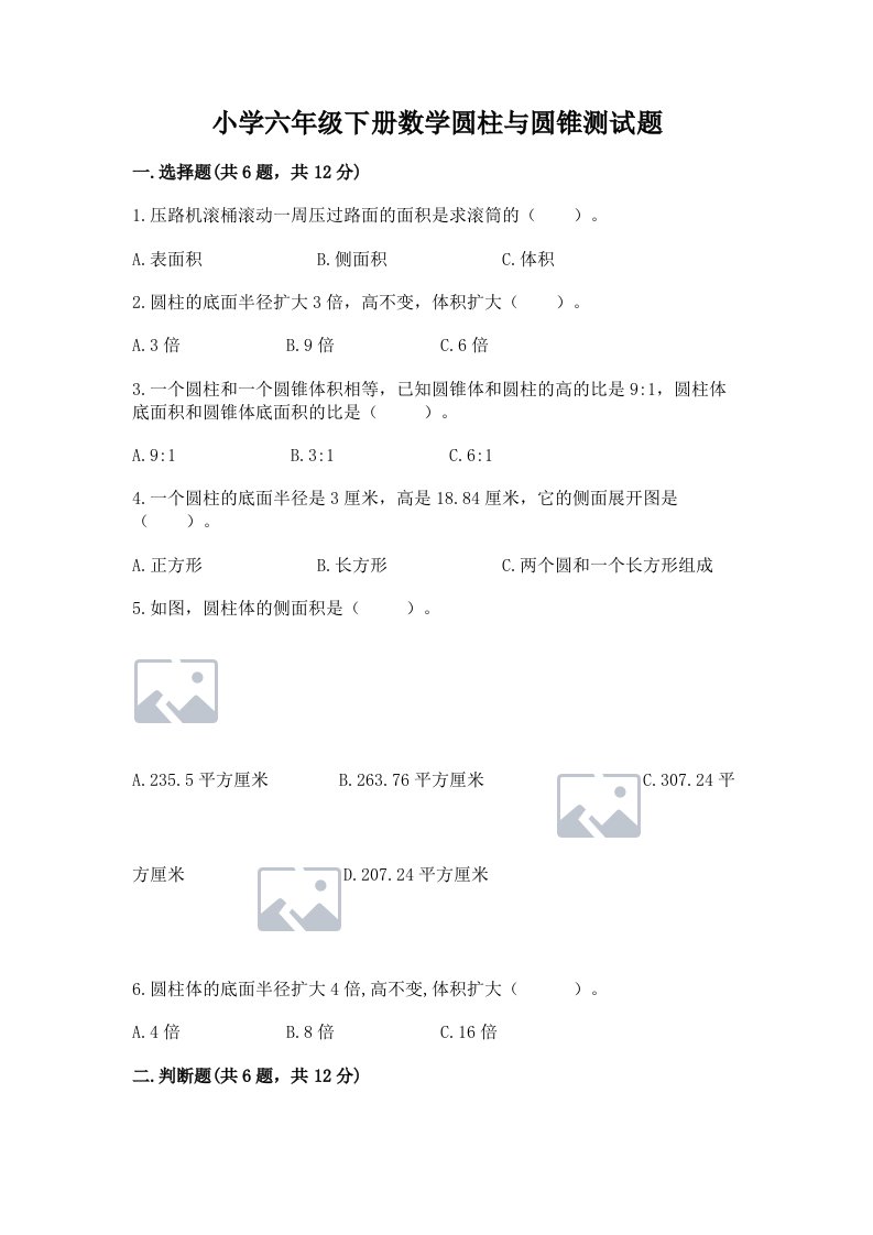 小学六年级下册数学圆柱与圆锥测试题附答案（模拟题）