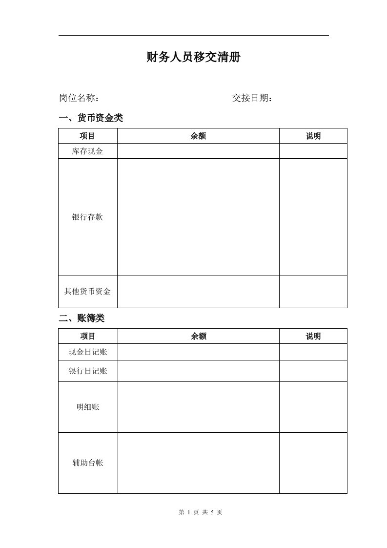 财务人员移交清册模板