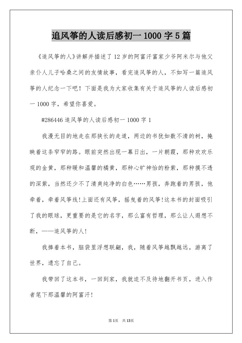 追风筝的人读后感初一1000字5篇