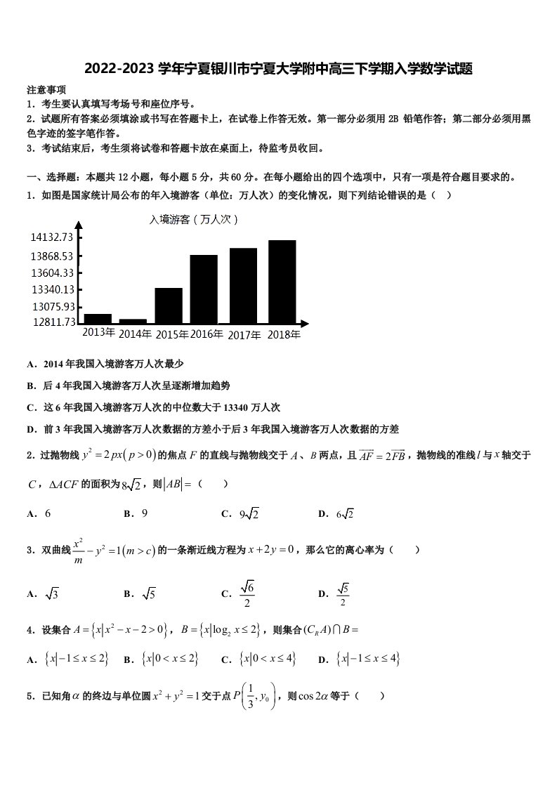 2022-2023学年宁夏银川市宁夏大学附中高三下学期入学数学试题