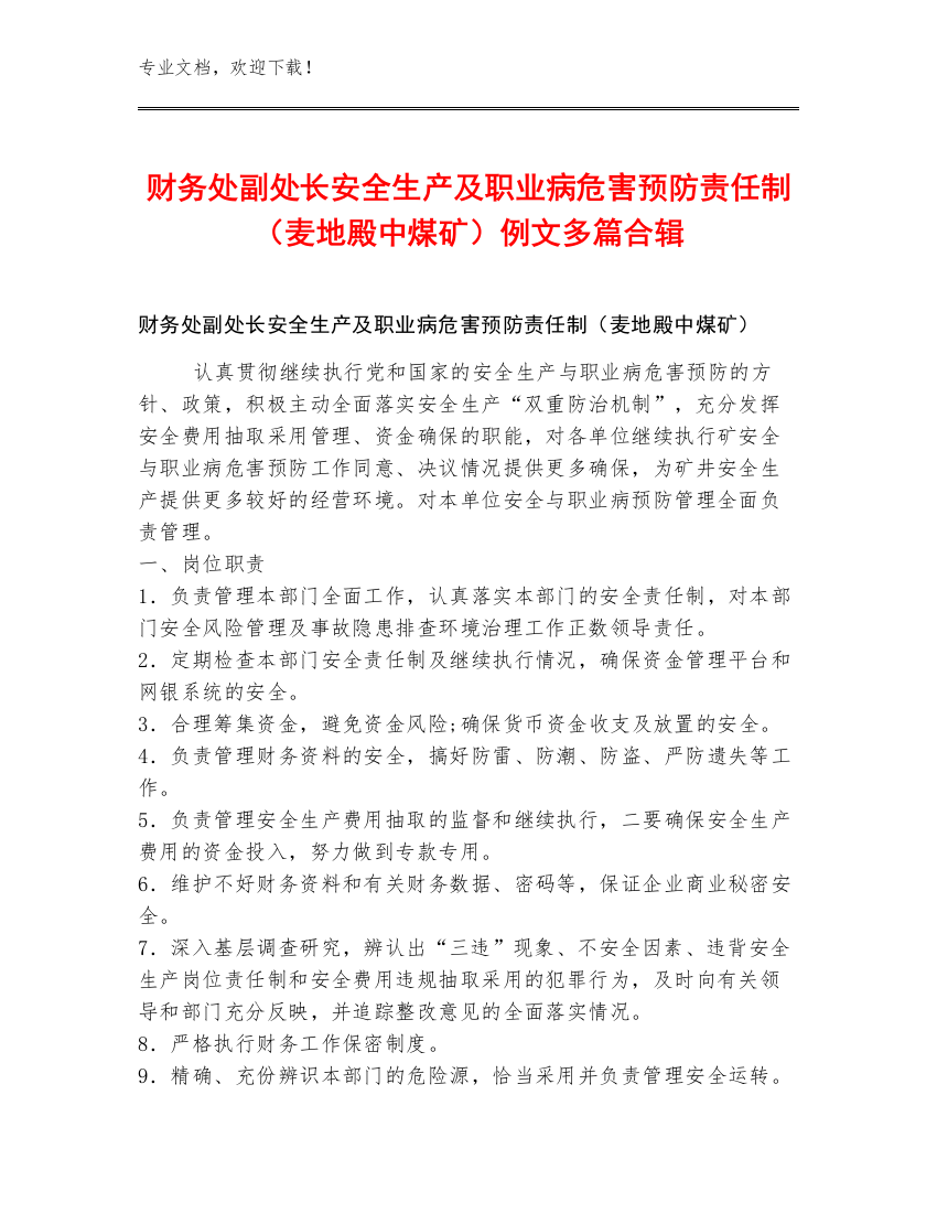 财务处副处长安全生产及职业病危害预防责任制（麦地殿中煤矿）例文多篇合辑