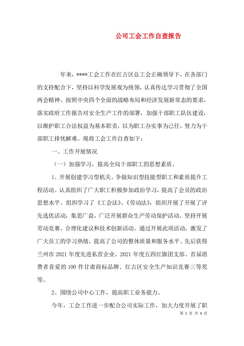 公司工会工作自查报告