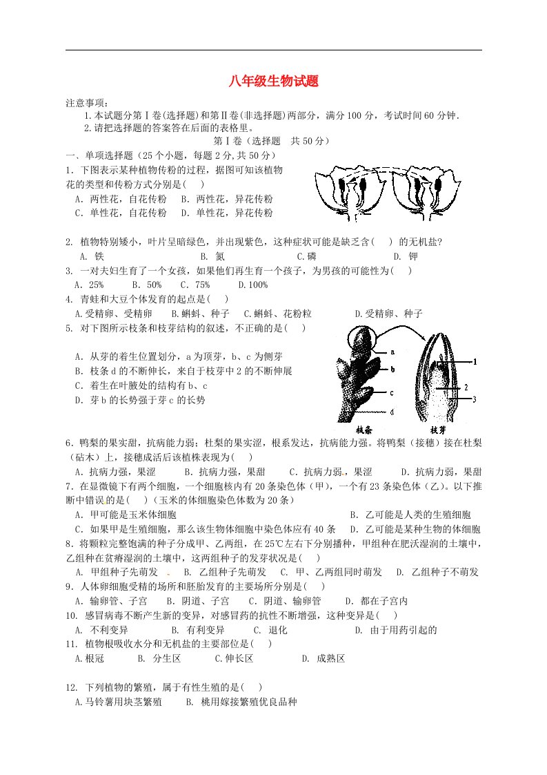 山东省章丘三中八级生物寒假结束检测考试试题（无答案）